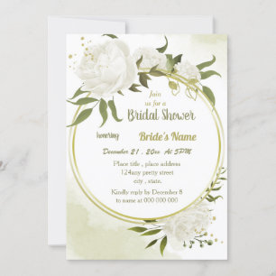 Invitation fleurs blanches verdure or couronne douche nuptial