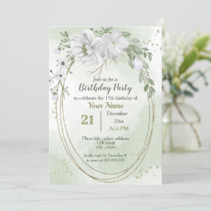 Invitation fleurs blanches verdure or ovale anniversaire