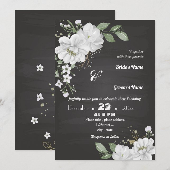 Invitation fleurs blanches vert feuille noir (Devant / Derrière)