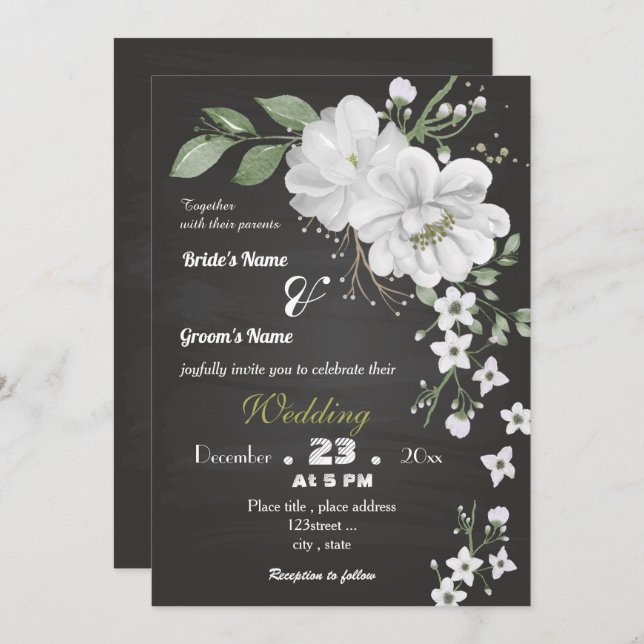Invitation fleurs blanches vert feuille noir mariage (Devant / Derrière)