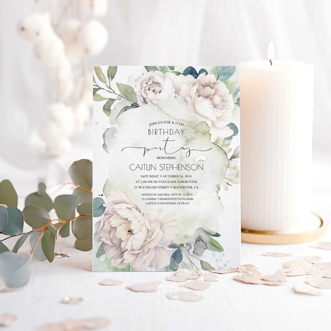Invitation Fleurs blanches vintages et verdure Anniversaire (White Flowers and Greenery Birthday Invitations)