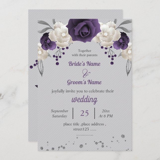 Invitation fleurs blanches violettes mariage gris botanique (Devant / Derrière)