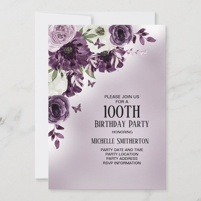 Invitation Fleurs blanches violettes Papillons 100e anniversa (Devant)