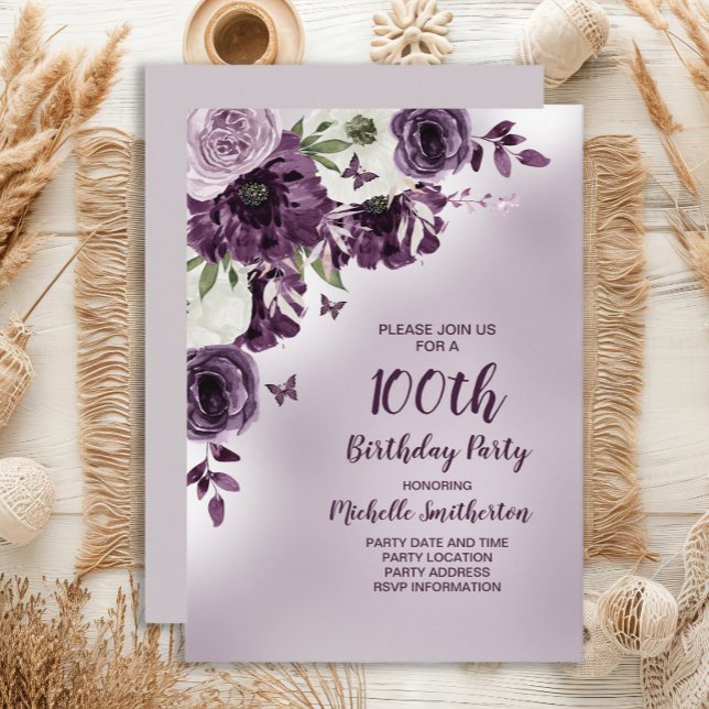 Invitation Fleurs blanches violettes Papillons 100e anniversa (Purple floral and butterflies 100th birthday party invitation)
