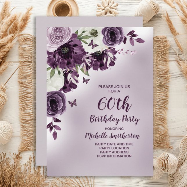 Invitation Fleurs blanches violettes Papillons 60e anniversai (Purple and white watercolor floral and butterflies women's 60th birthday party invitation)