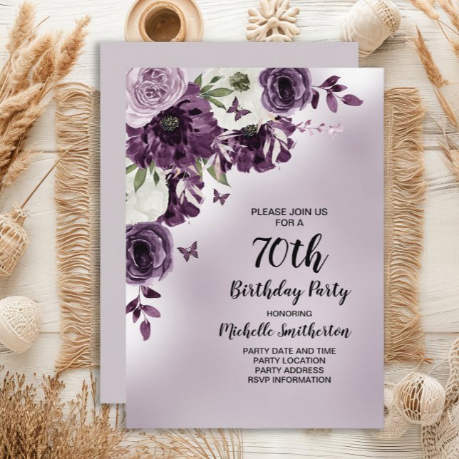 Invitation Fleurs blanches violettes Papillons 70e anniversai (Purple watercolor floral and butterflies women's 70th birthday party invitation)