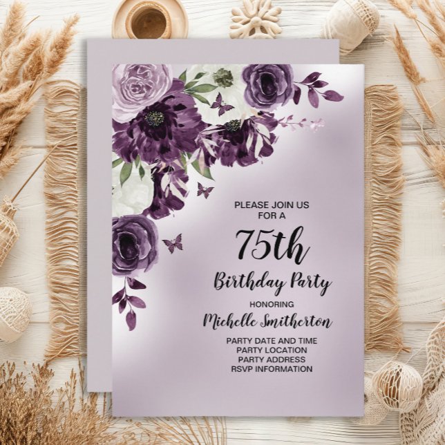 Invitation Fleurs blanches violettes Papillons 75e anniversai (Purple and white floral and butterflies 75th birthday party invitation for her. )