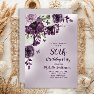 Invitation Fleurs blanches violettes Papillons 80e anniversai