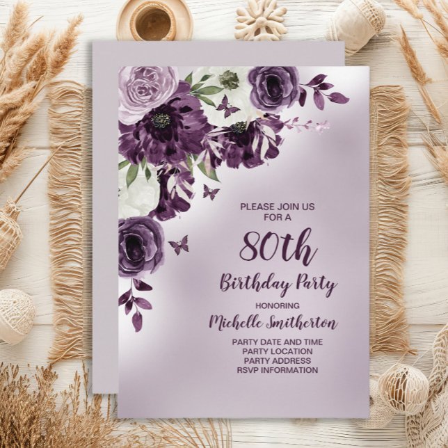 Invitation Fleurs blanches violettes Papillons 80e anniversai (Purple floral and butterflies 80th birthday party invitation)