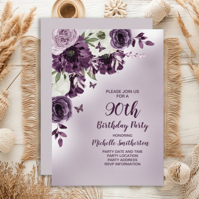 Invitation Fleurs blanches violettes Papillons 90e anniversai (Purple floral and butterflies 90th birthday party invitation)