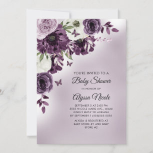 Invitation Fleurs blanches violettes Papillons Baby Shower