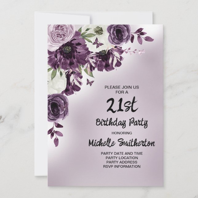 Invitation Fleurs blanches violettes Papillons Femmes 21 ans  (Devant)