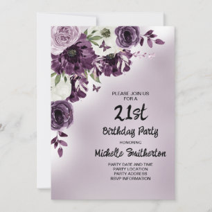 Invitation Fleurs blanches violettes Papillons Femmes 21 ans 