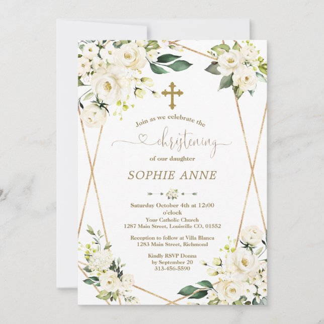 Invitation Fleurs blanches Whimsical Gold Girl Christening (Devant)