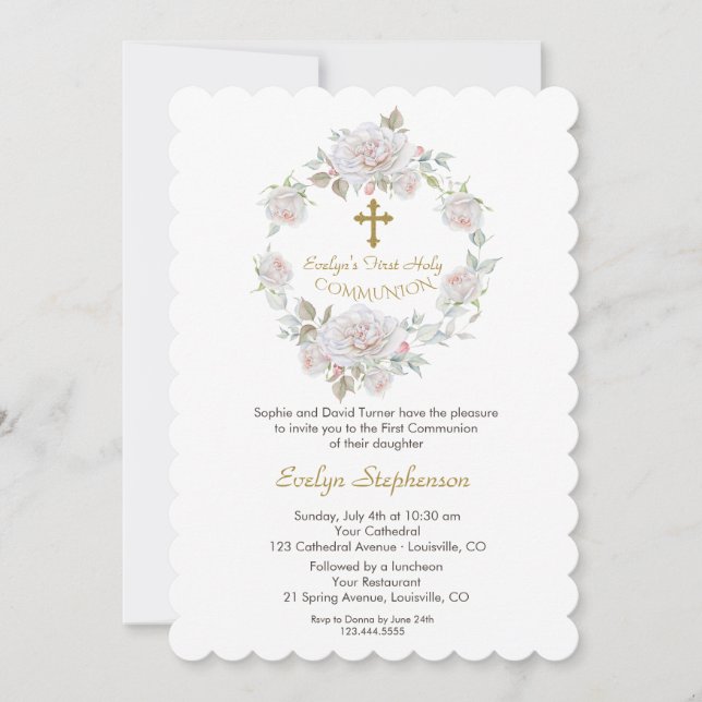 Invitation Fleurs blanches Wreath Gold Cross Holy Communion (Devant)
