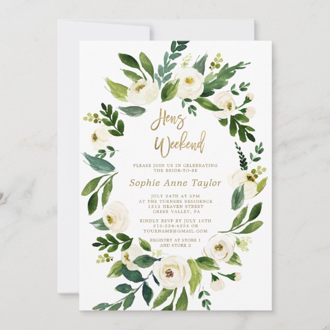 Invitation Fleurs blanches Wreath Hens Bachelorette Week-end (Devant)