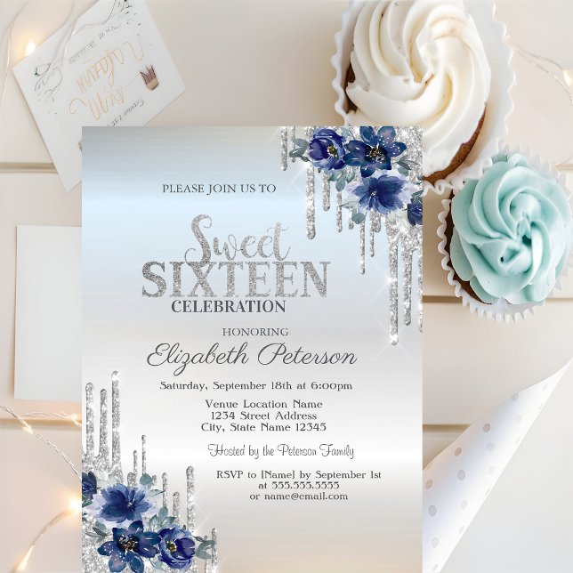 Invitation Fleurs Bleu Argent Paillettes Gouttes Douces 16 An (Créateur téléchargé)