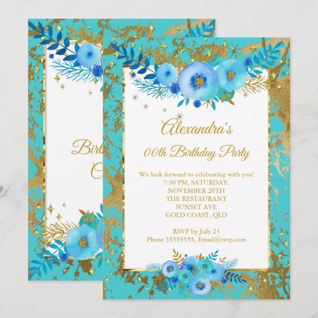 Invitation Fleurs Bleu Canard Or Fête d'Anniversaire (Devant / Derrière)