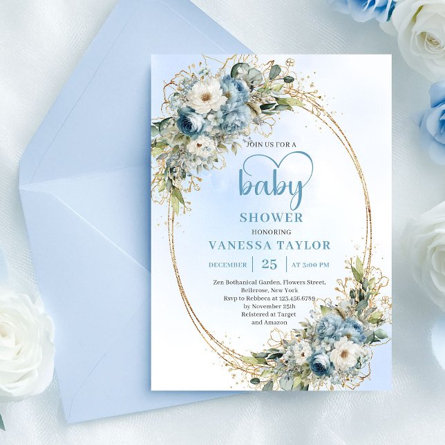 Invitation Fleurs bleu clair aquarelle dorées Baby Shower  (Watercolor Light Blue Flowers Gold Baby Shower Card

)