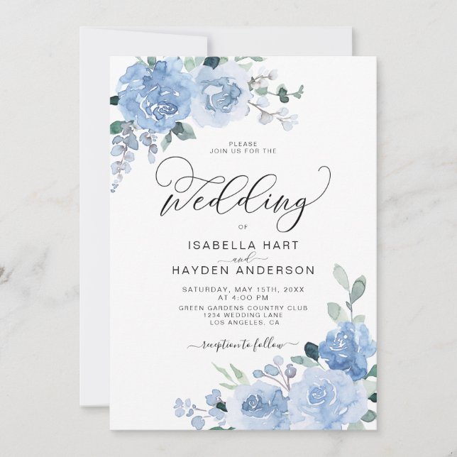 Invitation Fleurs bleu clair et poussiéreux Mariage botanique (Devant)