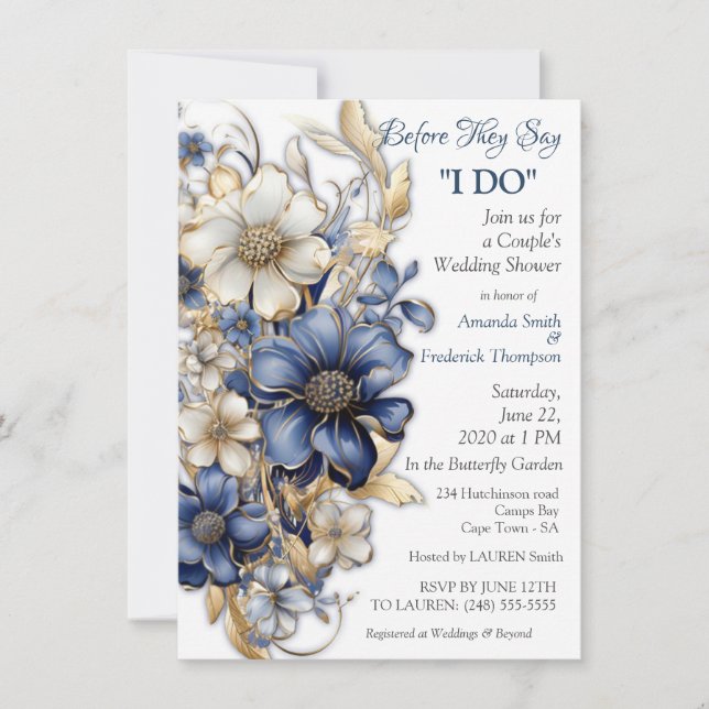 Invitation Fleurs Bleu et Blanc Arty Gold (Devant)