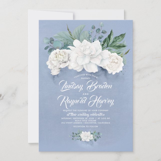Invitation Fleurs bleu et blanc poussiéreux Élégant Mariage p (Devant)