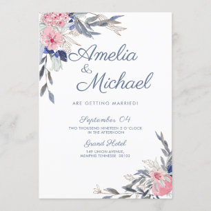 Invitation Fleurs bleu et rose marine