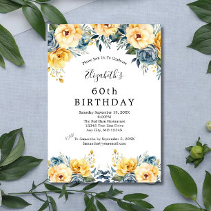 Invitation Fleurs bleu jaune Floral 60e 70e 80e anniversaire