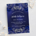 Invitation Fleurs bleu marine anniversaire luxe<br><div class="desc">Un arrière - plan bleu marine,  décoré de roses bleus,  de fleurs. La couleur bleue est inégale. Personnalisez et ajoutez un nom et des détails du parti. Dos : bleu marine et faux brillant argent.</div>