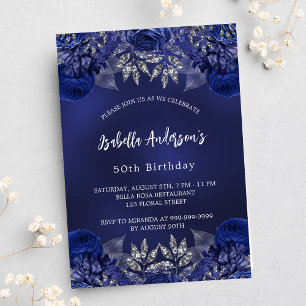 Invitation Fleurs bleu marine anniversaire luxe