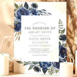 Invitation Fleurs Bleu Marine Aquarelle Florale Mariage Rusti