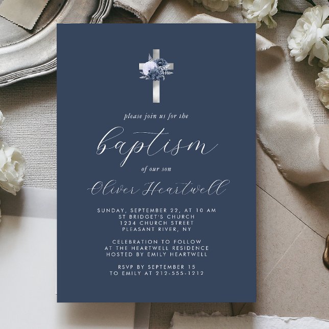 Invitation Fleurs Bleu Marine Croix Argentée Baptême Garçon (Créateur téléchargé)