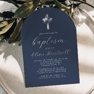 Invitation Fleurs Bleu Marine Croix Argentive Arche Garçons B