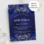 Invitation Fleurs bleu marine d'anniversaire élégant<br><div class="desc">Un arrière - plan bleu marine,  décoré de roses bleus,  de fleurs. La couleur bleue est inégale. Personnalisez et ajoutez un nom et des détails du parti. Dos : bleu marine et faux brillant argent.</div>