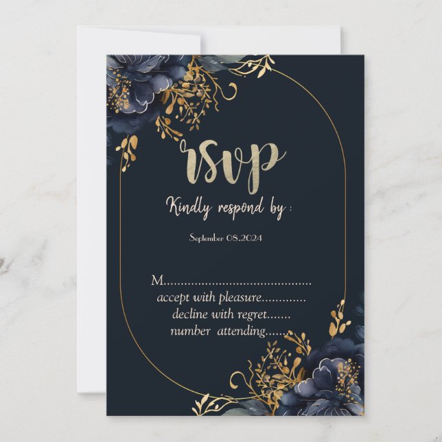 Invitation Fleurs Bleu Marine Élégantes RSVP (Devant)
