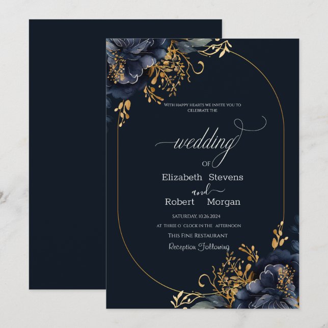 Invitation Fleurs Bleu Marine Feuilles Dorées Cadre Mariage (Devant / Derrière)