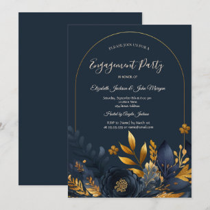 Invitation Fleurs Bleu Marine Feuilles Dorées Engagement