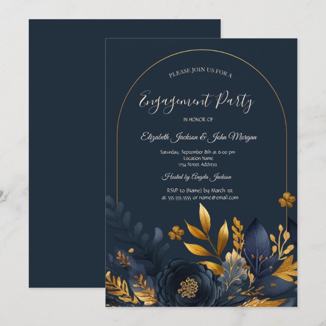 Invitation Fleurs Bleu Marine Feuilles Dorées Engagement (Devant / Derrière)