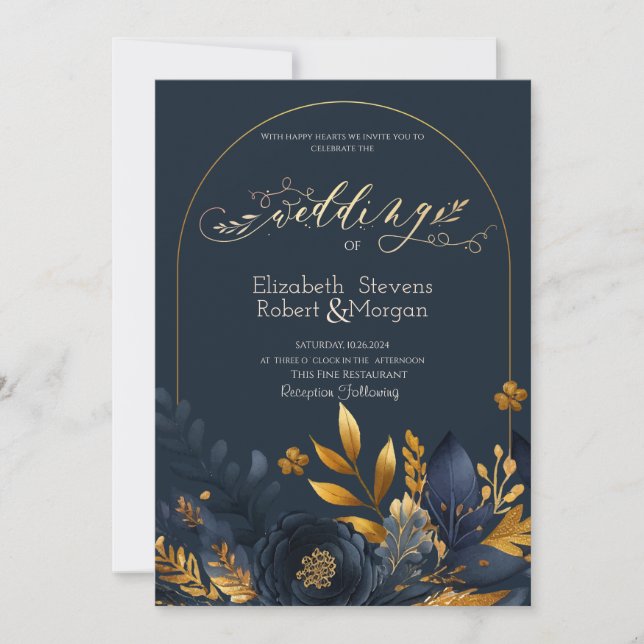 Invitation Fleurs Bleu Marine Feuilles Dorées  Mariage (Devant)