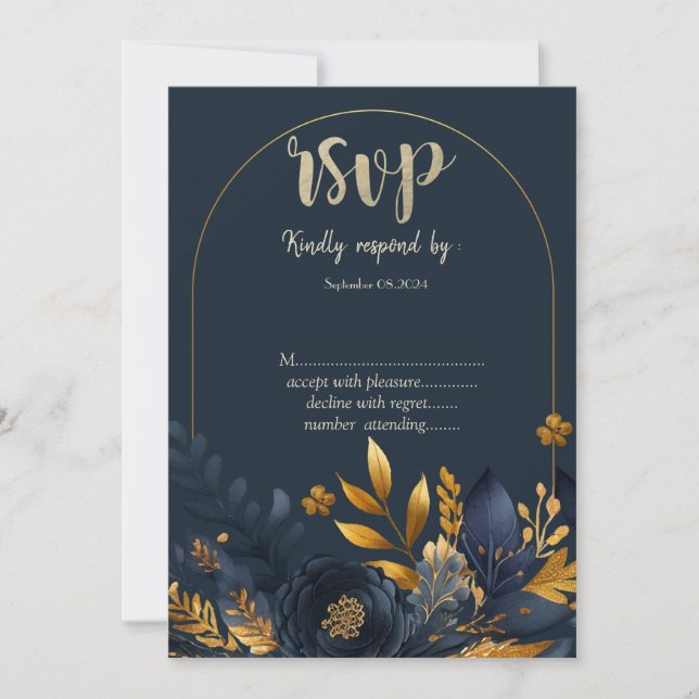 Invitation Fleurs Bleu Marine Feuilles Dorées  RSVP (Devant)
