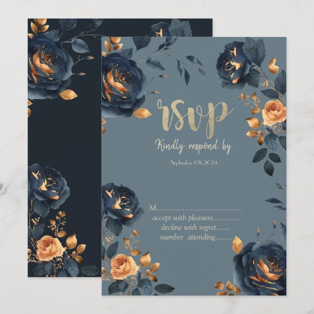 Invitation Fleurs Bleu Marine Feuilles Dorées  RSVP (Devant / Derrière)