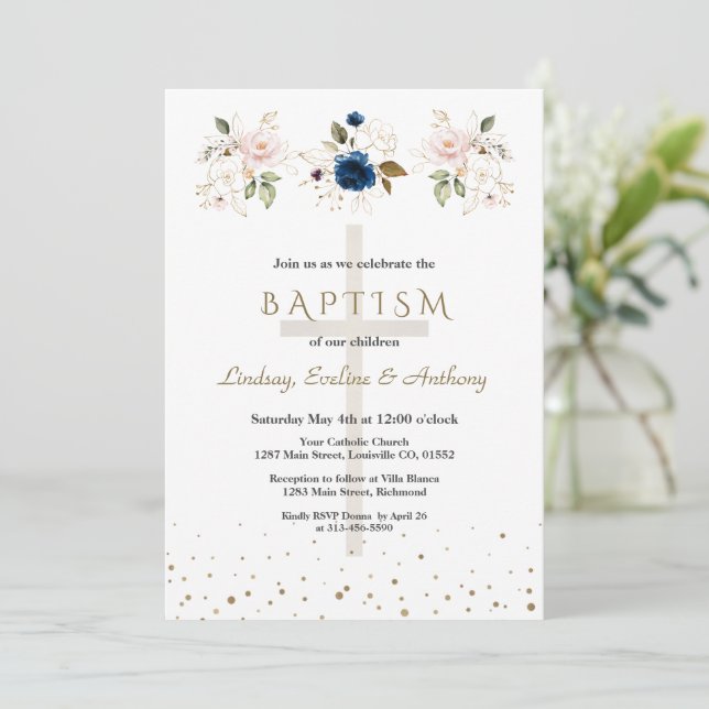 Invitation Fleurs Bleu Marine Rose Or Triplets Baptême   (Debout devant)