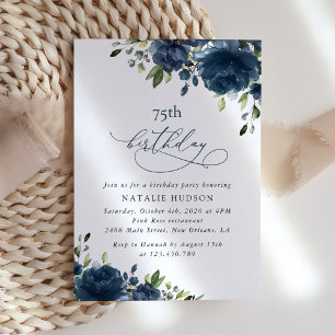 Invitation Fleurs Bleu Marine, Verdure, Boho, Anniversaire