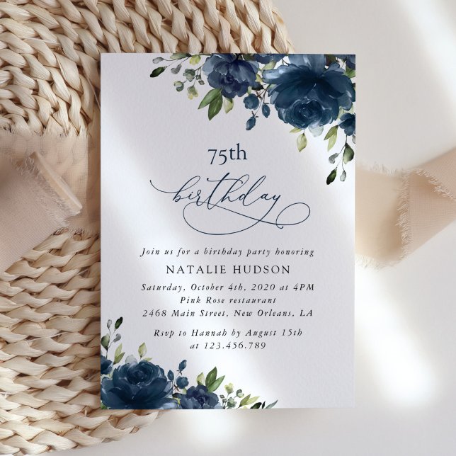 Invitation Fleurs Bleu Marine, Verdure, Boho, Anniversaire (Créateur téléchargé)