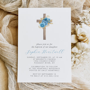Invitation Fleurs Bleu Or Roses Croix Fille Baptême