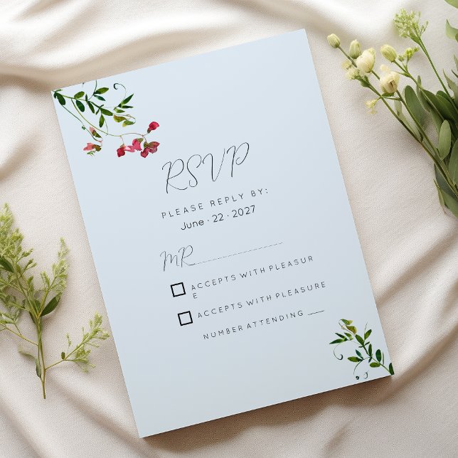 Invitation Fleurs bleu pastel rose rouge vert RSVP (Pastel blue pink red green flowers RSVP )