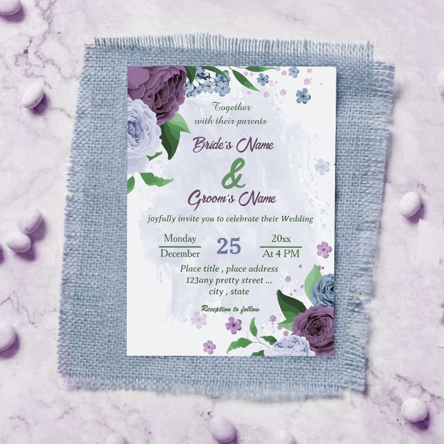 Invitation Fleurs bleu pourpre vert feuille mariage (Créateur téléchargé)