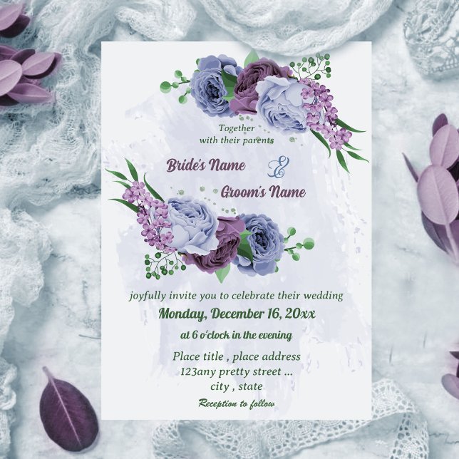 Invitation Fleurs bleu pourpre vert feuille mariage (Créateur téléchargé)
