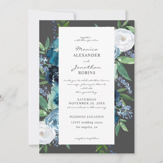 Invitation Fleurs Bleu Poussiéreux 2 Mariage Gris (Devant)