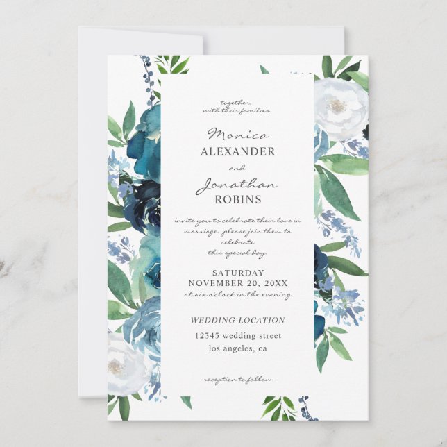 Invitation Fleurs Bleu Poussiéreux 2 pour Mariage (Devant)